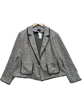 Lane Bryant Women's Tweed One Button Blazer Jacket Fringe Trim Sz 22 Black White